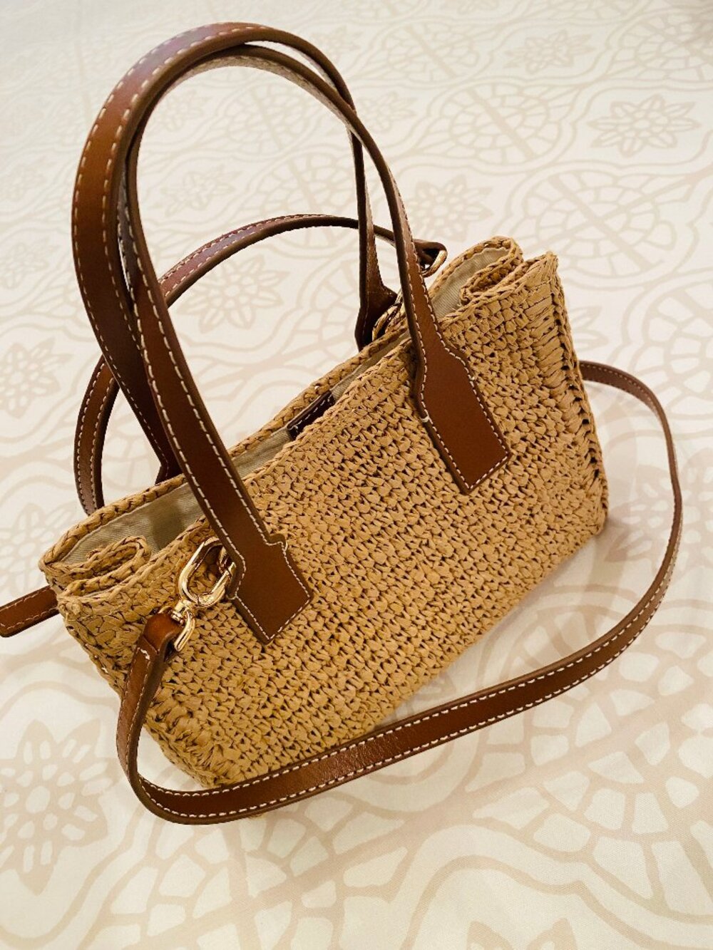NWT J. Crew Palma Raffia Top-Handle Crossbody Bag Handknotted in Straw & Leather - Picture 8 of 16
